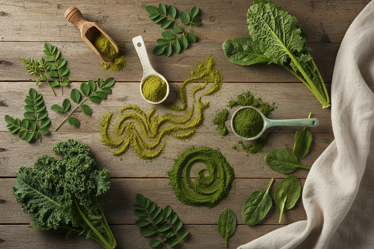 Superleaf powders from moringa, spinach, kale, and mustard greens. Gently dried to retain nutrients, these natural powders are rich in vitamins and antioxidants, perfect for adding to daily meals.
